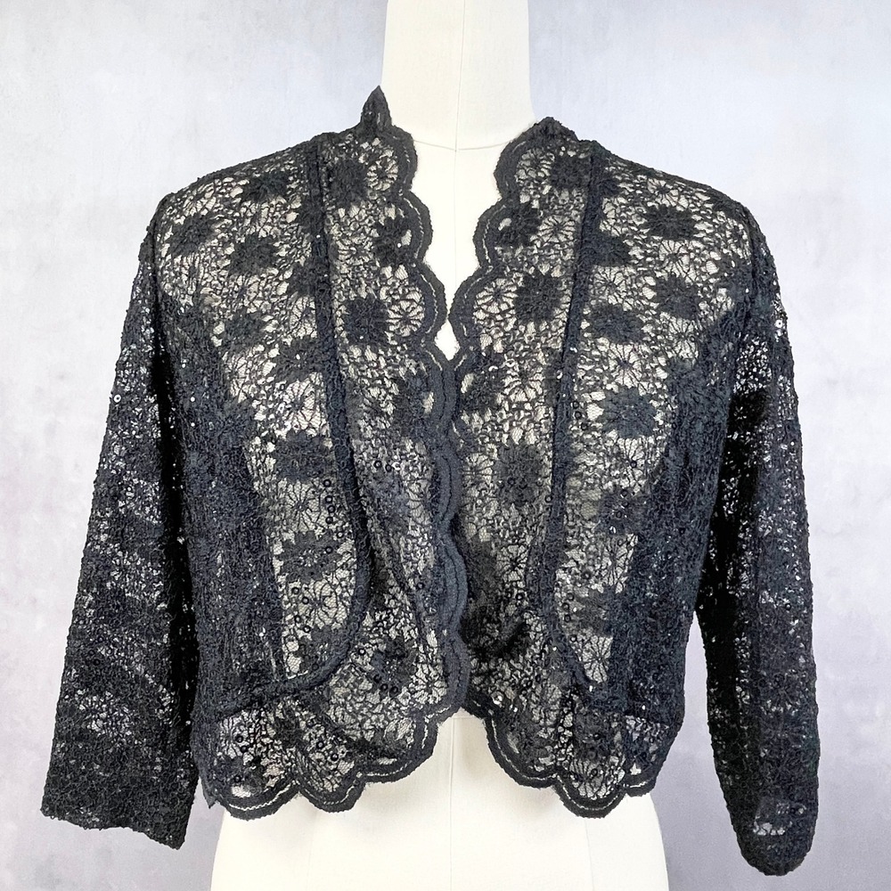 RM Richards Womens‎ Lace Jacket Large Black Sequin Glam Party Formal Dressy Luxe